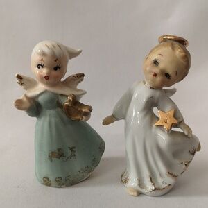 Adorable Set of Two Vintage Porcelain Angels Japan w Lovely Painted Faces